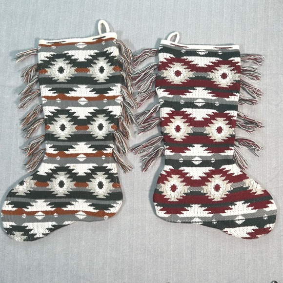 Southwestern Knit Christmas Stockings Fringe Aztec Pattern Holiday Decor Set - Picture 7 of 11